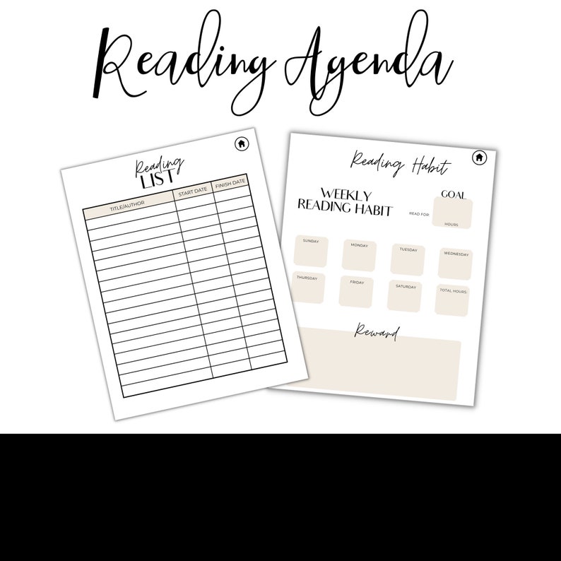 May include: Two printable reading agenda pages. One page is a reading list with title/author, start date, and finish date sections. The other page is a weekly reading habit tracker with space for daily reading and a reward section. The words "Reading Agenda" are written at the top.