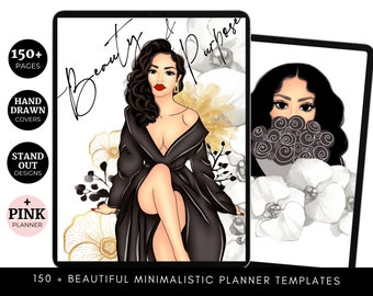 May include: Two digital planner covers featuring illustrations of women with black hair and floral designs. The text "Beauty & Purpose" is on the top of the left cover. The text "150+ Beautiful Minimalistic Planner Templates" is at the bottom of the image.