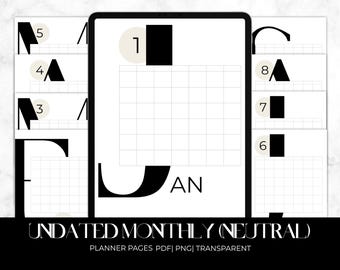 Neutral Undated Monthly Planner Pages, Minimalist Design (Digital Download)