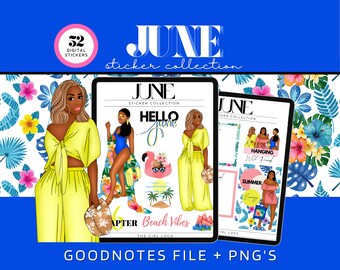 May include: A digital sticker collection for Goodnotes featuring a June theme with illustrations of women in summer outfits, palm trees, and the text "Hello June" and "Beach Vibes".