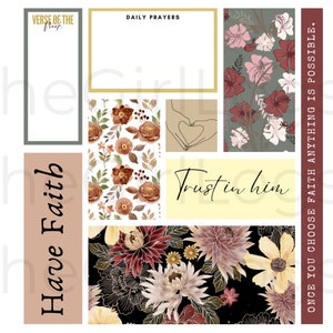 May include: Digital printable planner page with floral patterns and inspirational quotes. The quotes include "Verse of the Week", "Daily Prayers", "Have Faith", "Trust in Him", and "Once you choose faith anything is possible."