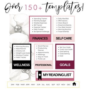 May include: A pink and white printable planner with the text "Over 150+ templates!" at the top. The planner is divided into sections for finances, self-care, wellness, professional, and goals. There is a section at the bottom for a reading list with the months of the year listed across the bottom.