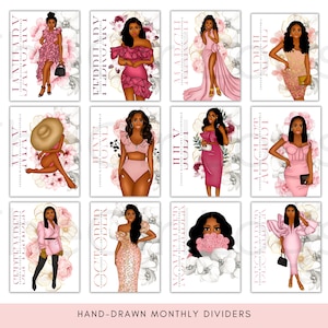 May include: Twelve illustrated cards featuring a Black woman in a different outfit for each month of the year. Each card has a pink background with white flowers and gold accents. The text on each card indicates the month of the year.