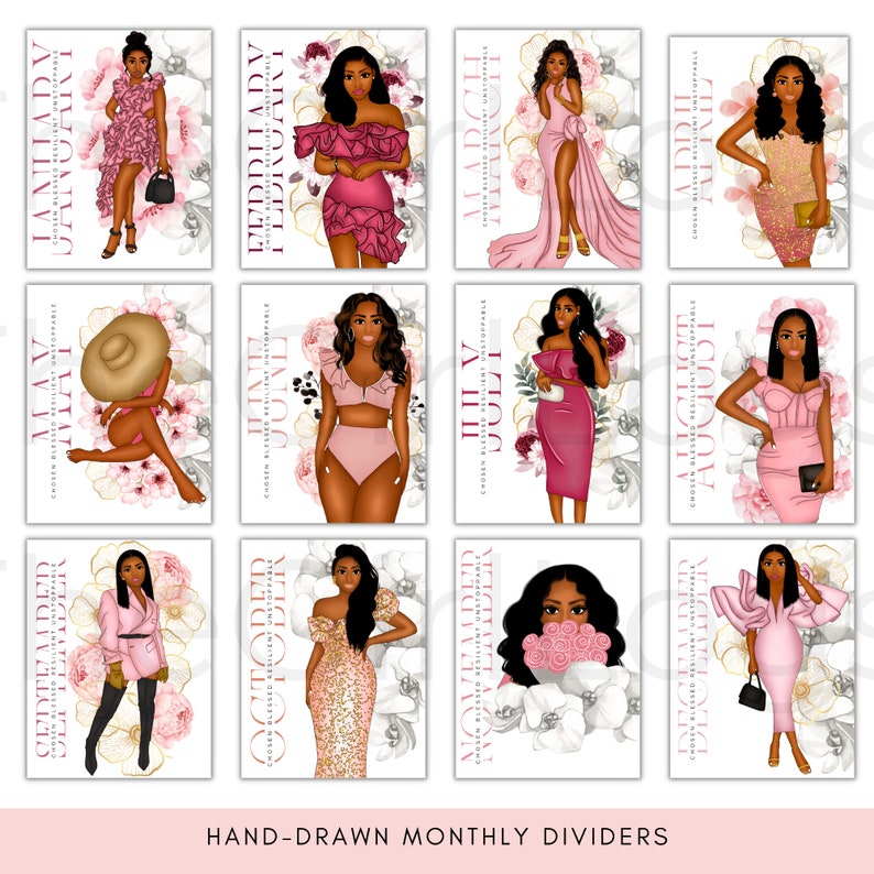 May include: Twelve illustrated cards featuring a Black woman in a different outfit for each month of the year. Each card has a pink background with white flowers and gold accents. The text on each card indicates the month of the year.