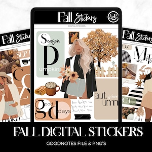 May include: Digital stickers with a fall theme. The image features three digital sticker sheets with illustrations of women, pumpkins, and fall-themed graphics. Text includes "Fall Stickers," "Season," and "Good Days."