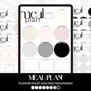 Pode incluir: Modelo digital de plano de refeições com um design minimalista. O modelo apresenta um layout semanal com círculos para cada dia, uma seção de lista de compras e o texto "meal plan". O esquema de cores inclui bege, rosa, cinza e preto.