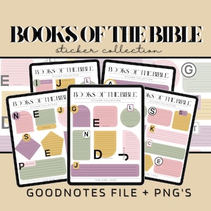 May include: A set of digital stickers for Goodnotes featuring the books of the Bible. The stickers are in various colors and shapes, including circles, squares, and rectangles. The stickers are labeled with the first letter of each book of the Bible.