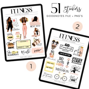 May include: A set of 51 digital fitness stickers for Goodnotes and PNG files. The stickers feature illustrations of a woman working out, motivational quotes, and fitness-related icons. The stickers are in pink, black, and white.