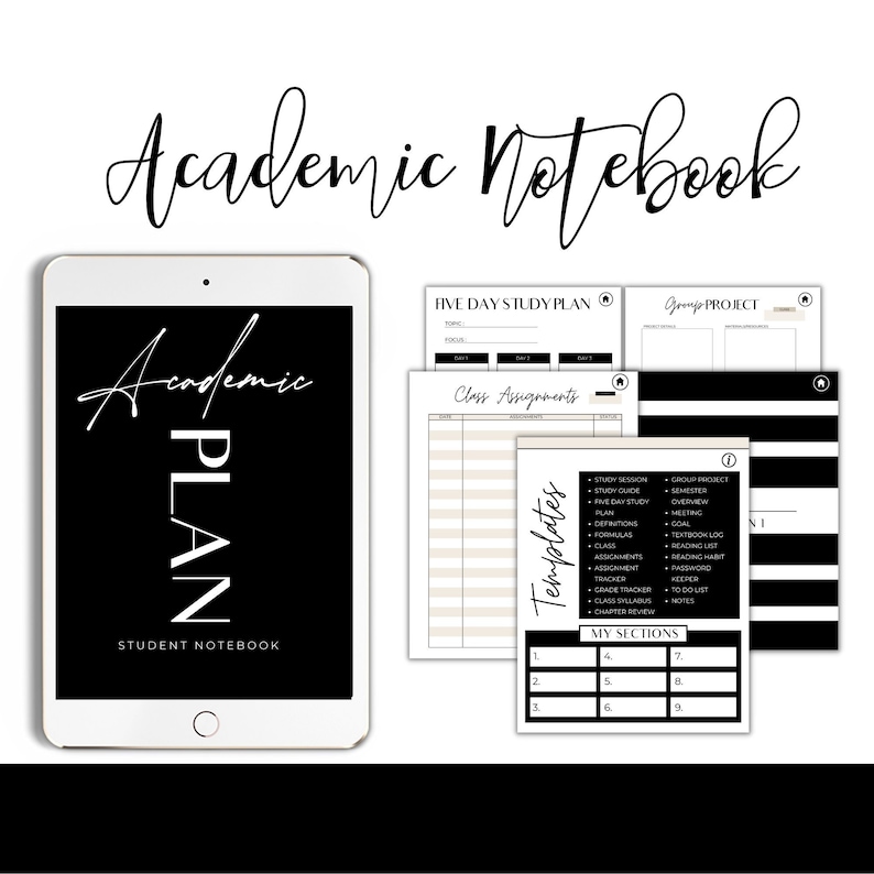 May include: An academic notebook with the title "Academic Notebook" in a handwritten font. The image includes a tablet displaying "Academic Plan Student Notebook" and several templates for study planning, assignments, and project management.