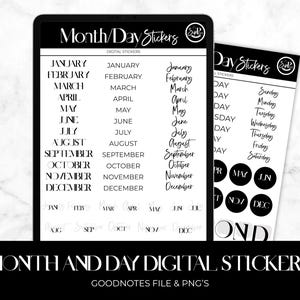 May include: Digital stickers for planners, featuring months and days in various fonts. The image shows a tablet displaying month names and a separate sheet with days of the week and circular month labels. The text "Month/Day Stickers" is at the top.