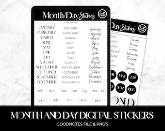 Op de afbeelding: Digitale stickers voor planners, met maanden en dagen in verschillende lettertypen. De afbeelding toont een tablet met maandnamen en een apart vel met dagen van de week en ronde maandlabels. De tekst "Month/Day Stickers" staat bovenaan.