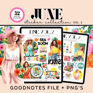 Stickers numériques juin 2024 pour Goodnotes, Stickers mensuels de juin, Stickers de juin pré-recadrés,