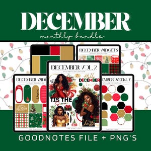 May include: A digital product bundle featuring five tablets displaying December-themed sticker collections. The tablets showcase various designs, including holiday graphics, text, and color palettes. The text "DECEMBER" and "monthly bundle" are visible at the top.