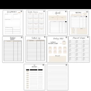 May include: A collection of printable planner pages with various layouts. Includes pages for group projects, semester overviews, goals, meetings, reading lists, textbook logs, reading habits, password keepers, to-do lists, and lined notes. The pages are in black and white.