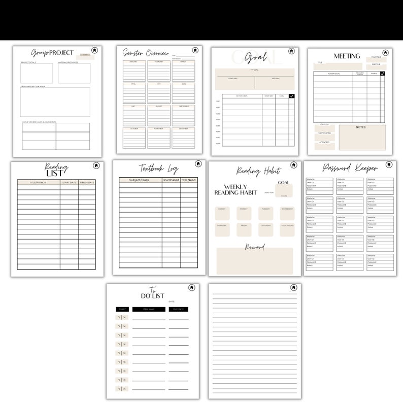 May include: A collection of printable planner pages with various layouts. Includes pages for group projects, semester overviews, goals, meetings, reading lists, textbook logs, reading habits, password keepers, to-do lists, and lined notes. The pages are in black and white.