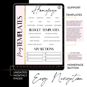 May include: Digital planner interface on a tablet, featuring a homepage with sections for undated monthly pages, budget templates, and customizable sections. The design includes a gold vertical stripe and the words "My Templates" in a pink font.