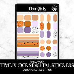 May include: A digital planner on a tablet displays Halloween-themed stickers. The stickers are in various shapes and colors, including orange, brown, purple, and white, with bat and pumpkin designs. The text "Time Blocks" and "Halloween Edition Digital Stickers" are visible.