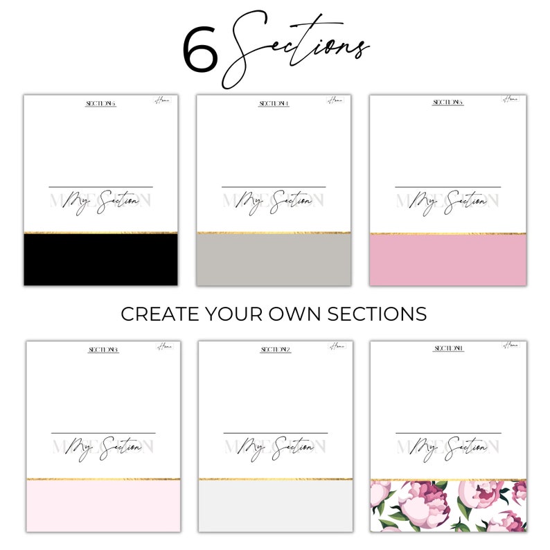 May include: Six sectioned templates with the text "My Section" and a gold stripe. The sections have different colored bottoms: black, gray, pink, white, and a floral pattern. The text "Create Your Own Sections" is also visible.