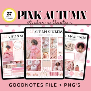 May include: Three digital planner sticker sheets with a pink autumn theme. The stickers feature fall leaves, pumpkins, coffee cups, and other autumnal elements. The stickers are designed for use in the Goodnotes app.