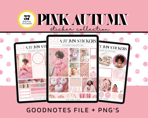 Pink Autumn Digital Stickers For Goodnotes, Pink September Goodnotes Monthly Stickers, Pink Fall Pre- Cropped Stickers, Pink Stickers