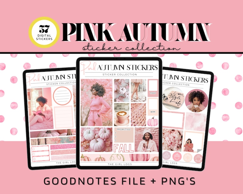 May include: Three digital planner sticker sheets with a pink autumn theme. The stickers feature fall leaves, pumpkins, coffee cups, and other autumnal elements. The stickers are designed for use in the Goodnotes app.