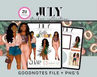 Pegatinas digitales de julio de 2023 para Goodnotes, pegatinas mensuales de julio, pegatinas recortadas previamente, pegatinas digitales para planificadores del 4 de julio