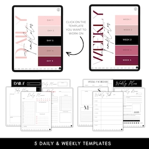 May include: Five printable daily and weekly planner templates. The templates feature a black and white color scheme with pink and burgundy accents. The daily templates include sections for "Today's Plans", "Daily Planner", "Top Priorities", "To Do List", and "Notes". The weekly templates include sections for "Weekly Plans", "Weekly Review", "Weekly Tasks", and "Notes".