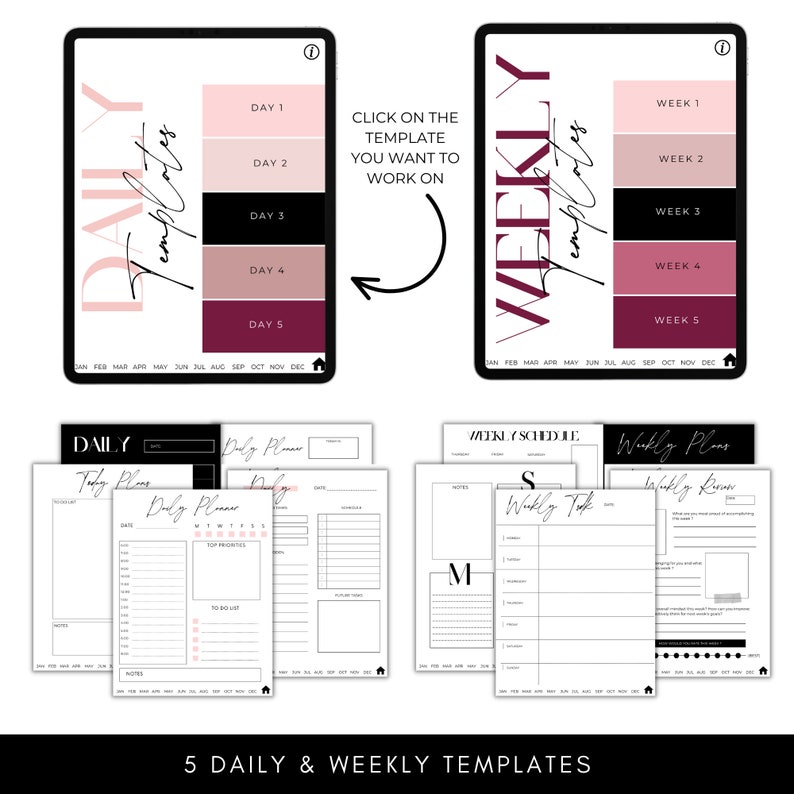 May include: Five printable daily and weekly planner templates. The templates feature a black and white color scheme with pink and burgundy accents. The daily templates include sections for "Today's Plans", "Daily Planner", "Top Priorities", "To Do List", and "Notes". The weekly templates include sections for "Weekly Plans", "Weekly Review", "Weekly Tasks", and "Notes".