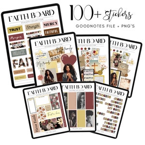 May include: A set of digital stickers for Goodnotes featuring a faith-based theme. The stickers are in a variety of colors and styles, including floral, geometric, and text-based. The stickers are designed to be used in a digital planner or notebook.