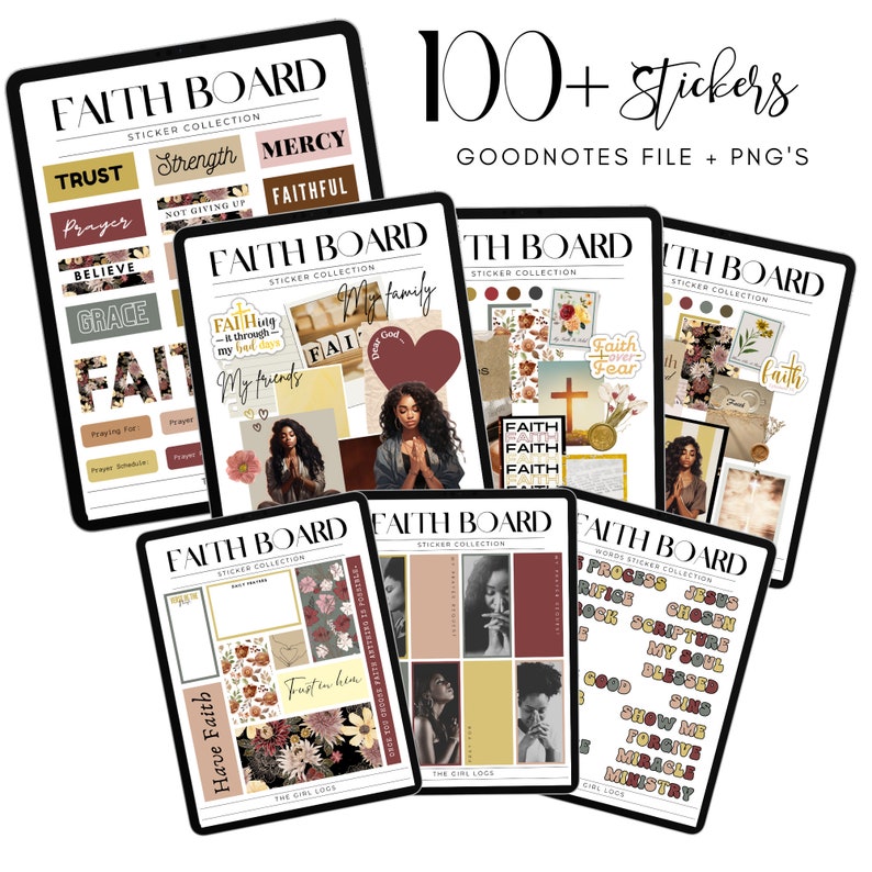 May include: A set of digital stickers for Goodnotes featuring a faith-based theme. The stickers are in a variety of colors and styles, including floral, geometric, and text-based. The stickers are designed to be used in a digital planner or notebook.
