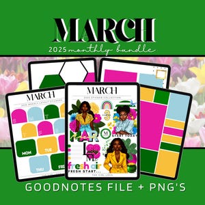 May include: A digital planner sticker set for March 2025 with a green, pink, and yellow color scheme. The stickers feature illustrations of women with flowers and the text "fresh air" and "fresh start".