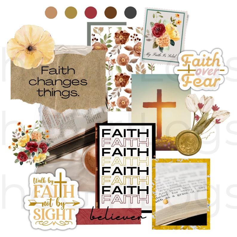May include: A digital collage with a religious theme. The collage features images of flowers, a cross, a bible, and text that says "Faith changes things", "Faith over Fear", "Walk by Faith not by Sight", and "FAITH believe".