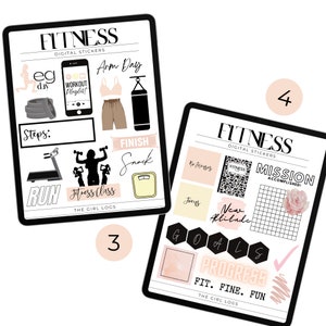 May include: Two digital planner sticker sheets with a fitness theme. The first sheet features illustrations of a treadmill, weights, a punching bag, and a fitness class. The second sheet features illustrations of a notebook, a checkmark, a rose, and the words "Mission Accomplished!"  The text "Fitness Digital Stickers" appears on both sheets. The text "The Girl Logs" appears on both sheets.