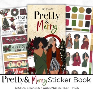 May include: A collection of digital stickers and planner accessories with a holiday theme. The cover features the text "Pretty & Merry" with illustrations of women and festive elements. Additional sticker sheets include Christmas designs and planner labels.