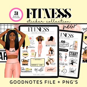 May include: A digital sticker collection for Goodnotes featuring 51 fitness-themed stickers. The stickers feature illustrations of a woman in workout clothes, motivational phrases, and food-related icons. The text "FITNESS sticker collection" is displayed in a pink and black font.