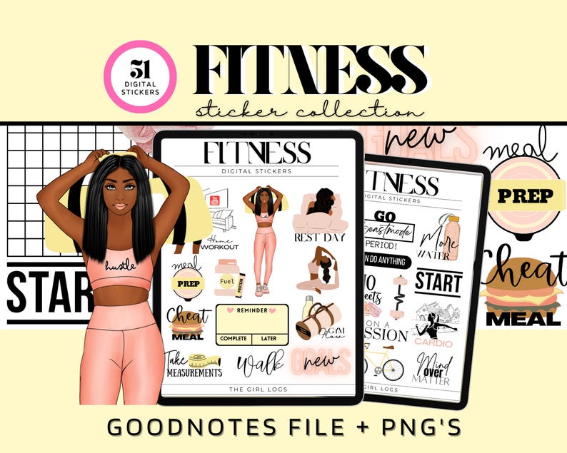 May include: A digital sticker collection for Goodnotes featuring 51 fitness-themed stickers. The stickers feature illustrations of a woman in workout clothes, motivational phrases, and food-related icons. The text "FITNESS sticker collection" is displayed in a pink and black font.