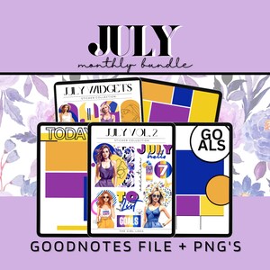 May include: A digital planner bundle for July with colorful stickers, widgets, and pages for goals, to-do lists, and daily planning. The bundle includes Goodnotes files and PNG images.