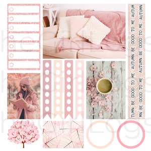 May include: A digital planner sticker set with a pink and white color scheme. The stickers feature a variety of designs, including a couch, a cup of coffee, a book, a tree, and a quote that says "Autumn be good to me".
