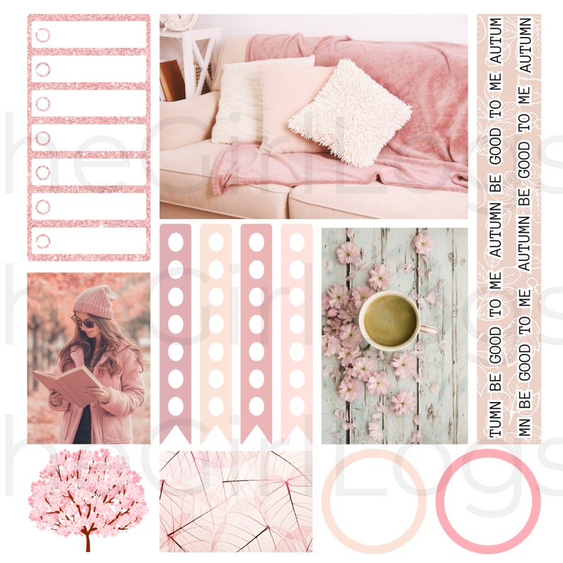 May include: A digital planner sticker set with a pink and white color scheme. The stickers feature a variety of designs, including a couch, a cup of coffee, a book, a tree, and a quote that says "Autumn be good to me".