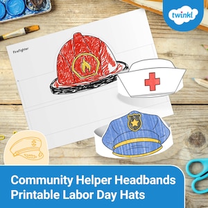 Peut inclure: Des bandeaux imprimables sur le thème des métiers. L'image présente un casque de pompier rouge, une coiffe d'infirmière blanche avec une croix rouge et un chapeau de policier bleu avec une étoile dorée. Le texte indique "Community Helper Headbands Printable Labor Day Hats."