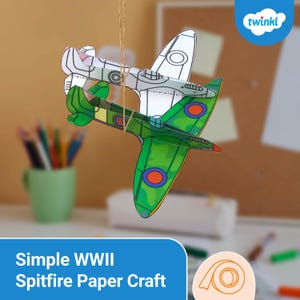 May include: Two paper airplane models of WWII Spitfire fighter planes. One is green and the other is white. The green plane has red and blue circles on the wings. The text "Simple WWII Spitfire Paper Craft" is at the bottom of the image.