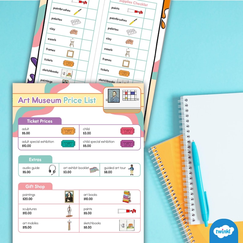 Puede incluir: Una colorida lista de precios de un museo de arte y una lista de verificaci&oacute;n de suministros. La lista de precios incluye los precios de las entradas, extras y art&iacute;culos de la tienda de regalos. Un cuaderno de espiral y un bol&iacute;grafo azul est&aacute;n a la derecha.