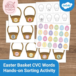 May include: A printable Easter-themed activity for kids to sort CVC words. The activity includes a sheet with baskets and a sheet with colorful eggs with letters on them. The letters are d, g, m, o, j, e, t, b, f, p, i, a, n, u, and  g.