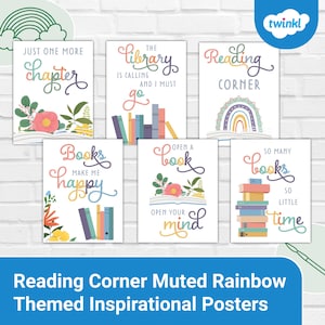 Può includere: Sei poster colorati con citazioni ispiratrici sulla lettura. I poster presentano illustrazioni di libri, arcobaleni e fiori. Il testo sui poster include: "Just one more chapter", "The library is calling and I must go", "Reading corner", "Books make me happy", "Open a book, open your mind", e "So many books, so little time".