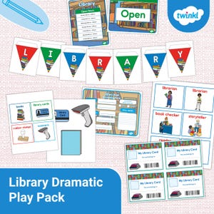 Puede incluir: Un conjunto de accesorios de juego con temática de biblioteca para niños imprimibles. El conjunto incluye un letrero de biblioteca, una pancarta que deletrea "BIBLIOTECA", una tarjeta de biblioteca, un formulario de préstamo de libros y tarjetas de juego de rol para un bibliotecario, un verificador de libros, un narrador y un lector.