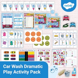 Op de afbeelding: Een verzameling educatief materiaal met een autowasthema. Bevat banners, borden, prijslijsten en activiteitenbladen. Bevat illustraties van auto's, zeep, sponzen en andere items die met autowassen te maken hebben. De tekst "Car Wash Dramatic Play Activity Pack" is zichtbaar.