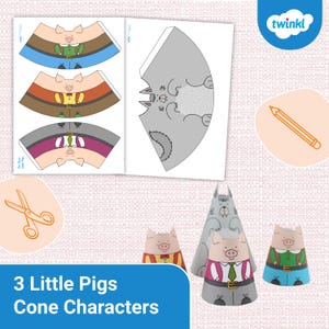May include: Printable craft activity for kids featuring three little pigs and a wolf. The printable includes cone templates for each character, with instructions to cut, fold, and glue to create 3D figures. The printable also includes the text "3 Little Pigs Cone Characters".