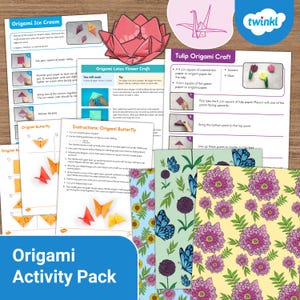 May include: An origami activity pack featuring instructions for making origami ice cream, butterflies, and a lotus flower. The pack includes colorful patterned paper and a tulip origami craft guide. The title "Origami Activity Pack" is displayed in a blue box.