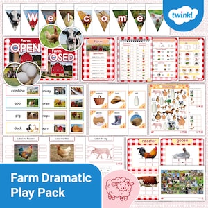 May include: A collection of educational farm-themed materials. Includes pennant banners, signs, and cards with images of farm animals, produce, and related items. The text "Farm Dramatic Play Pack" is visible.