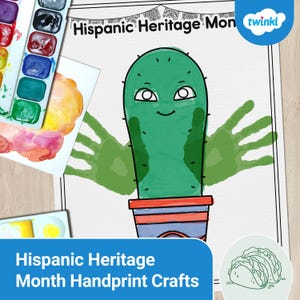 Puede incluir: Ilustración de un cactus verde con brazos de huellas de manos, una cara sonriente y una maceta. La imagen forma parte de un proyecto de manualidades del Mes de la Herencia Hispana. El texto "Hispanic Heritage Month Handprint Crafts" se muestra en la parte inferior.